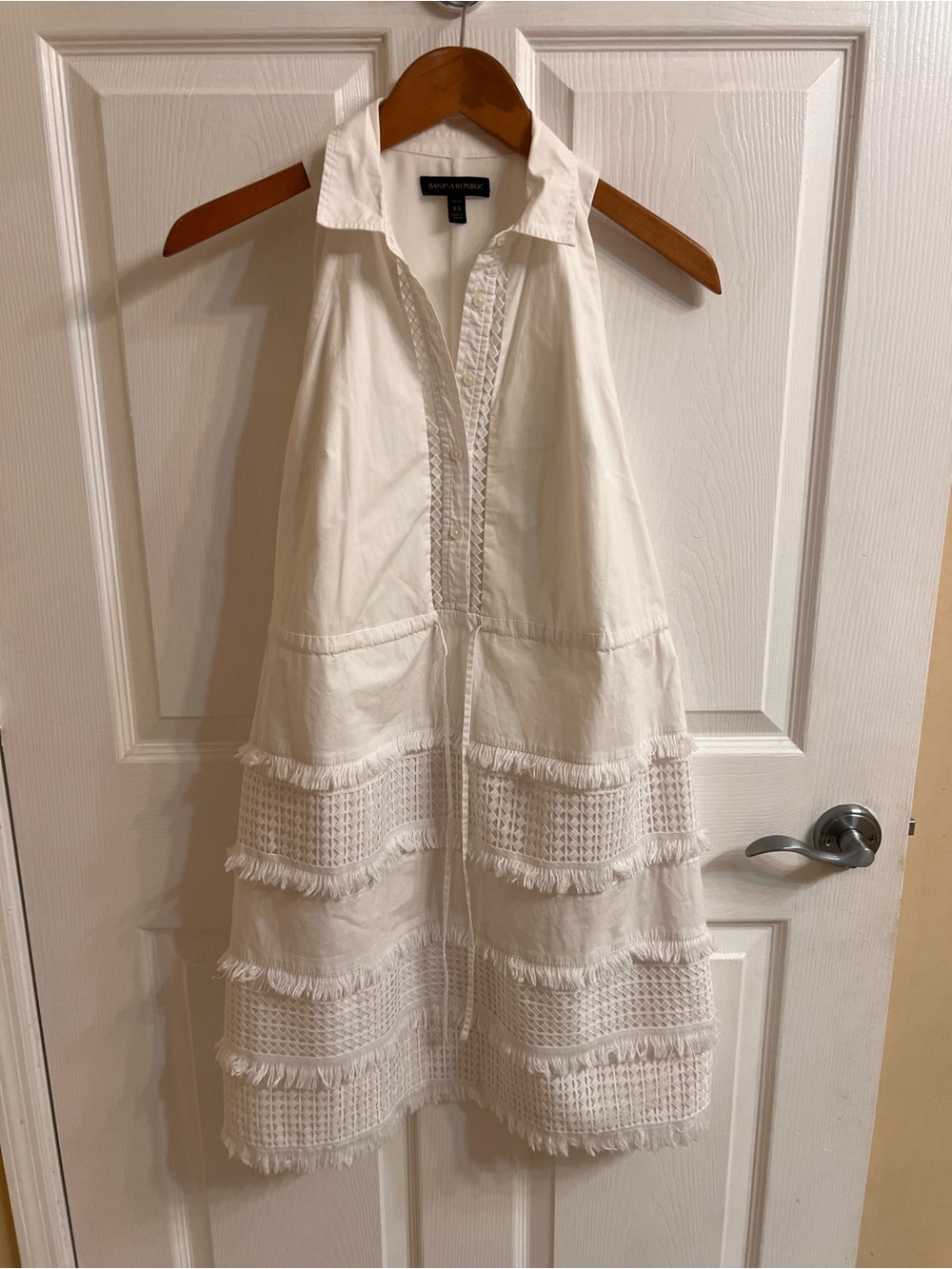 BANANA REPUBLIC White Sleeveless Lace Insert Fringe Shirt Dress Sz XS Petite - Picture 7 of 8